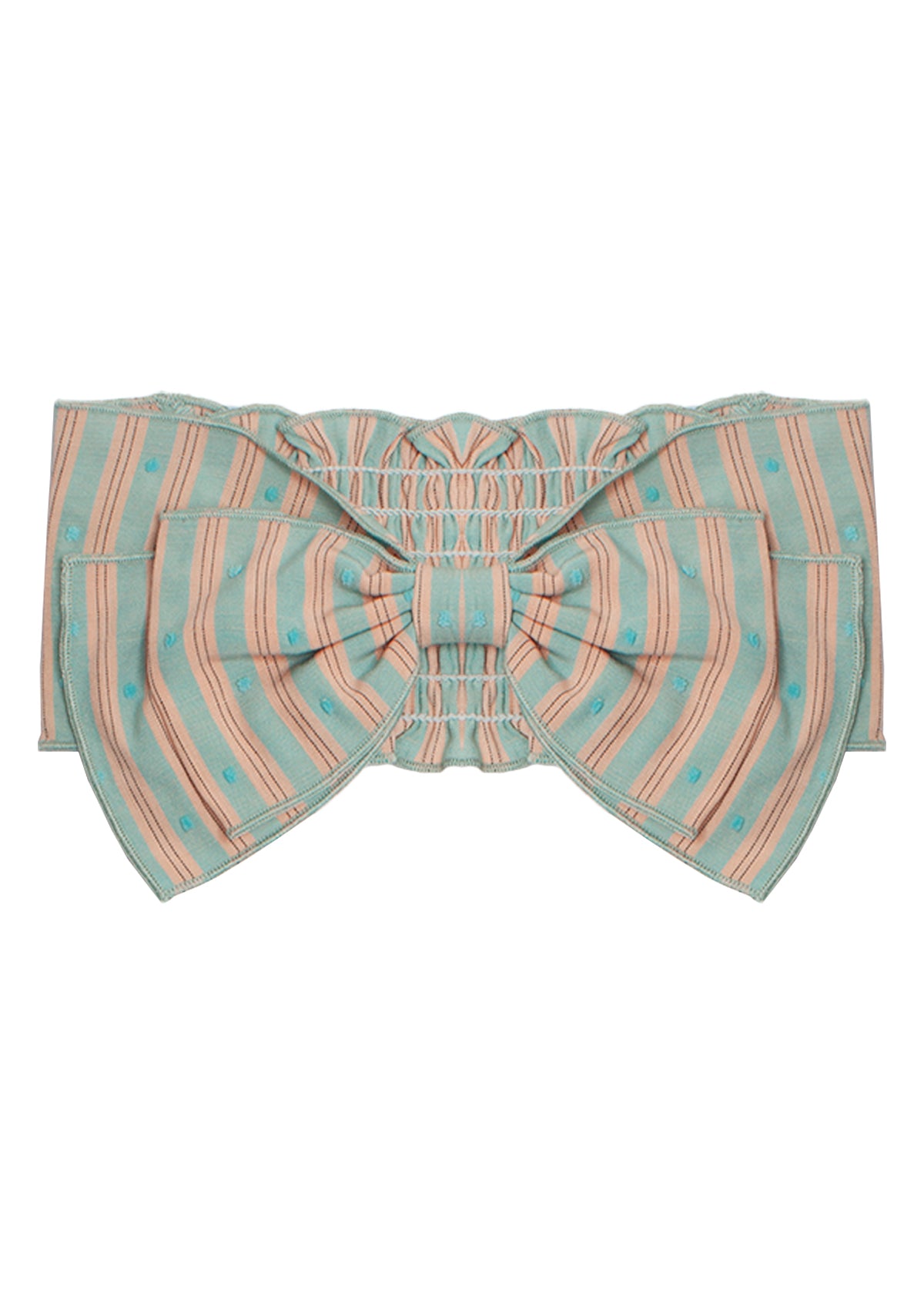 The Cotton Candy Dream Headband by Mabel and Honey features a pastel green and pink striped cotton bow with blue dots, wide loops, and a gathered center—perfect for babies as a hair accessory or as an accent on belts or sashes.