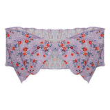 The Picnic Florals Bloom Headband by Mabel and Honey features a large front bow, a red and blue floral pattern with white dots, and ruched 100% cotton fabric at the back for a fitted look.