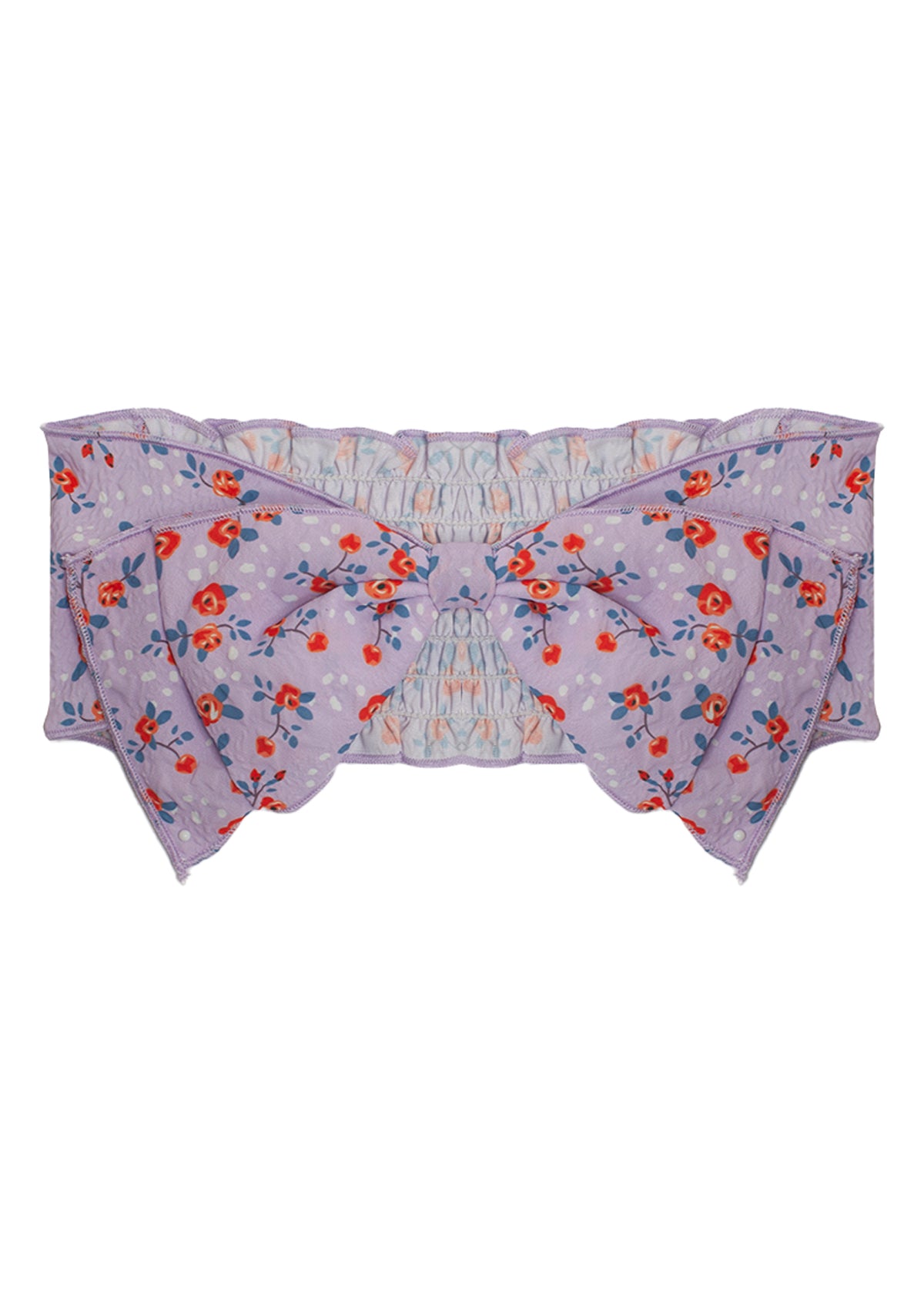 The Picnic Florals Bloom Headband by Mabel and Honey features a large front bow, a red and blue floral pattern with white dots, and ruched 100% cotton fabric at the back for a fitted look.