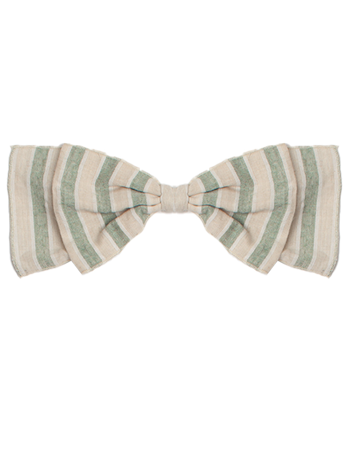 The Meadow Breeze Green Headband by Mabel and Honey is a 100% cotton bow with wide green and beige stripes on cream, neatly tied for a stylish, comfy baby hair accessory.