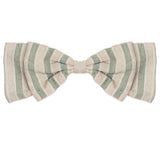 The Meadow Breeze Green Headband by Mabel and Honey is a 100% cotton bow with wide green and beige stripes on cream, neatly tied for a stylish, comfy baby hair accessory.