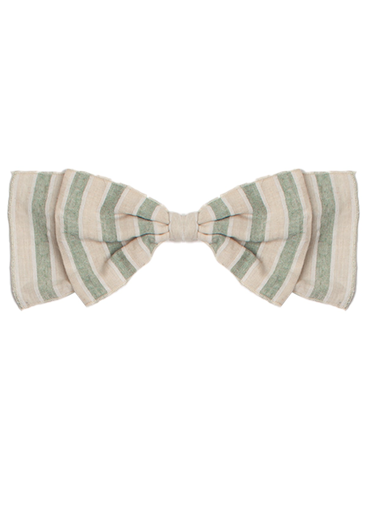 The Meadow Breeze Green Headband by Mabel and Honey is a 100% cotton bow with wide green and beige stripes on cream, neatly tied for a stylish, comfy baby hair accessory.