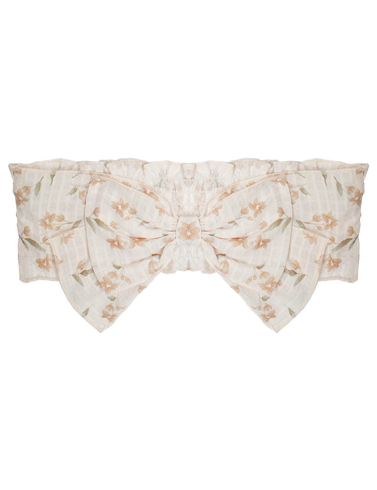 The Madeline Brown Headband by Mabel and Honey is a sheer white cotton baby hair accessory, featuring a floral pattern with light orange flowers, green leaves, and a large decorative bow in the center.