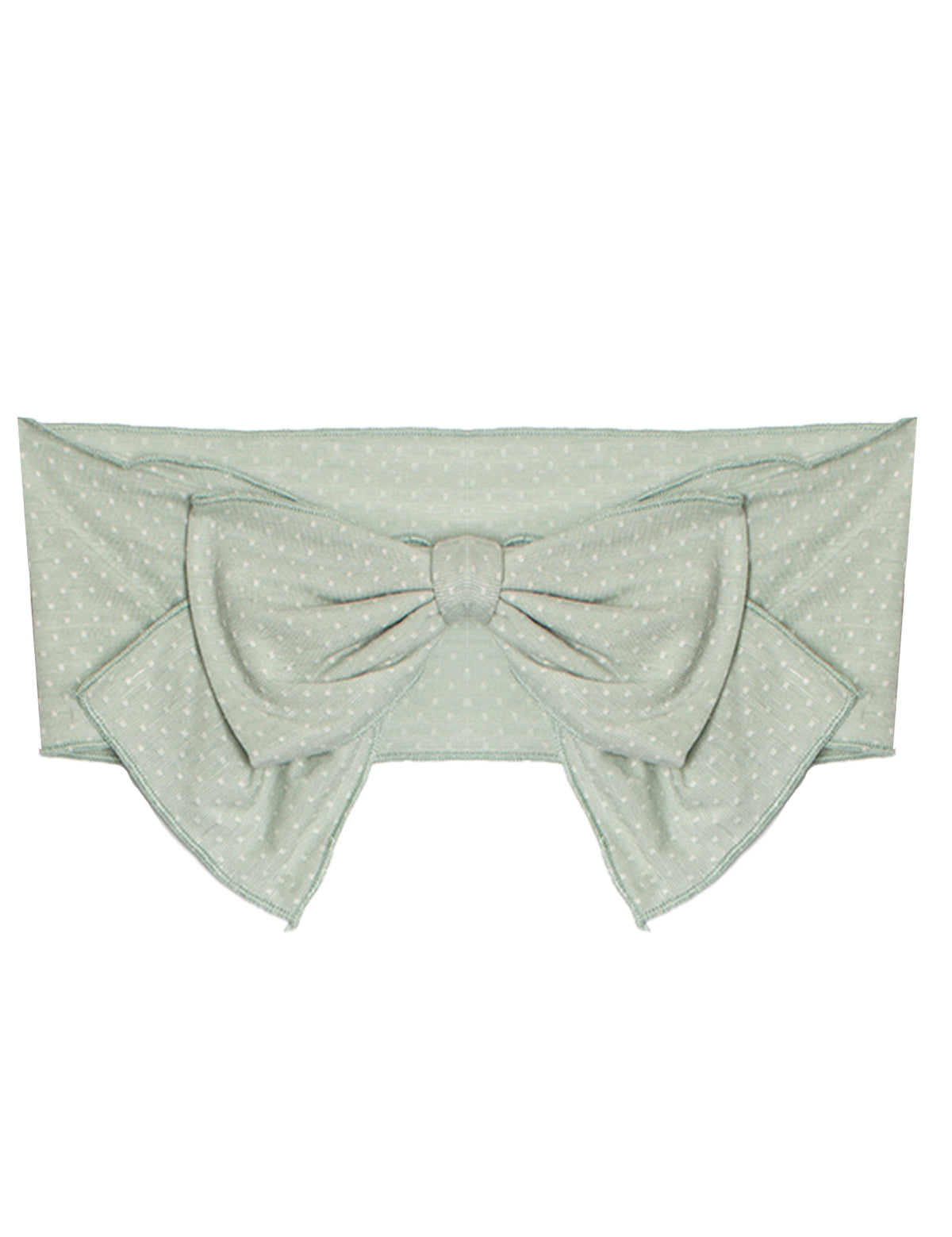 The Meadow Breeze Headband by Mabel and Honey is a light green, wide cotton fabric headband with a subtle polka dot pattern and a large bow at the center—perfect as a sweet baby hair accessory.