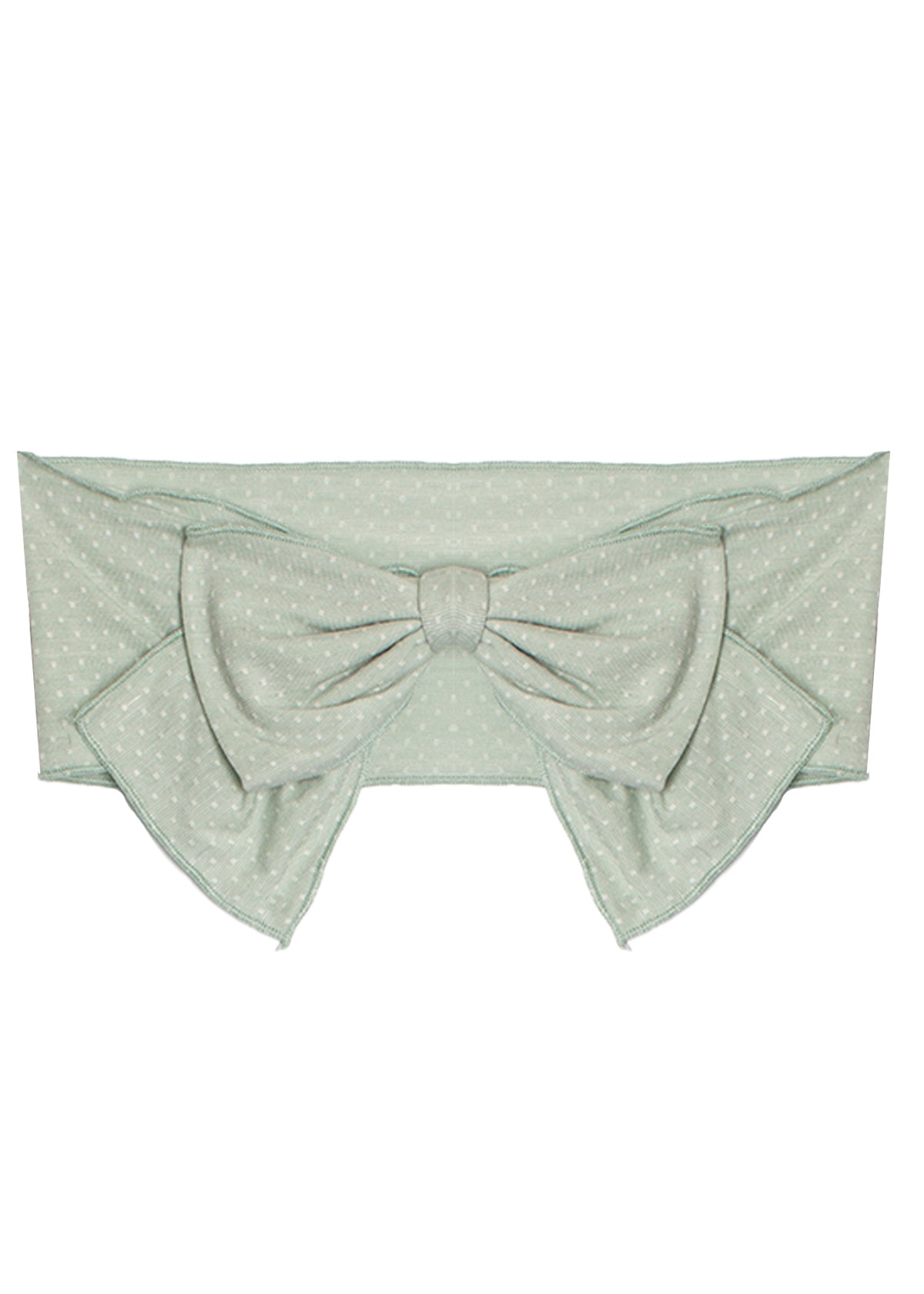 The Meadow Breeze Headband by Mabel and Honey is a light green, wide cotton fabric headband with a subtle polka dot pattern and a large bow at the center—perfect as a sweet baby hair accessory.