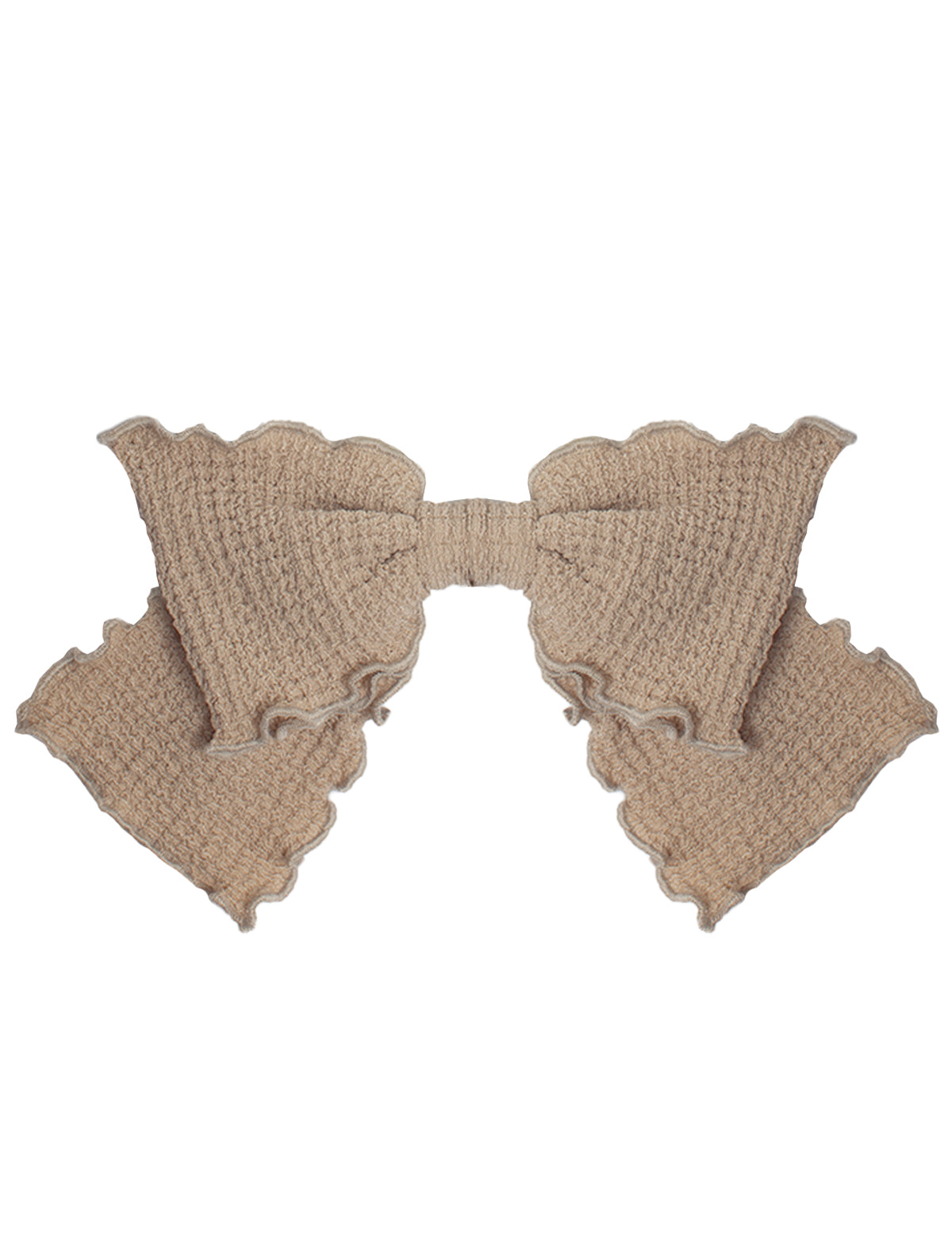 The Madeline Hair Clip Brown by Mabel and Honey is a large, textured beige bow with ruffled, scalloped edges, crafted from soft cotton knit—perfect for babies and photographed on a white background.
