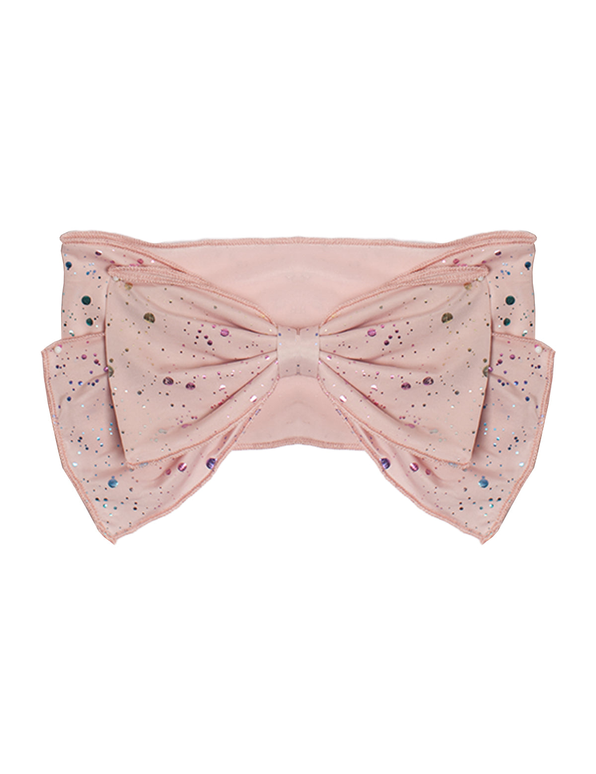 The It's a Party Headband by Mabel and Honey features a wide, sheer pink band with a large central bow, embellished with multicolored glitter dots and subtle sparkles for a soft, delicate look.