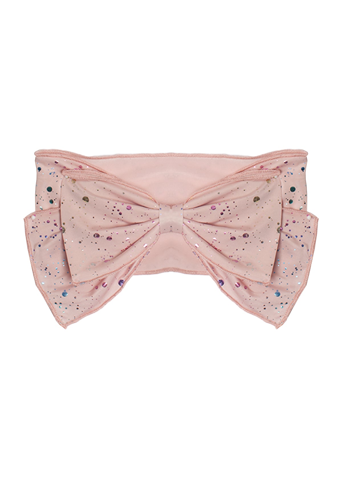 The It's a Party Headband by Mabel and Honey features a wide, sheer pink band with a large central bow, embellished with multicolored glitter dots and subtle sparkles for a soft, delicate look.