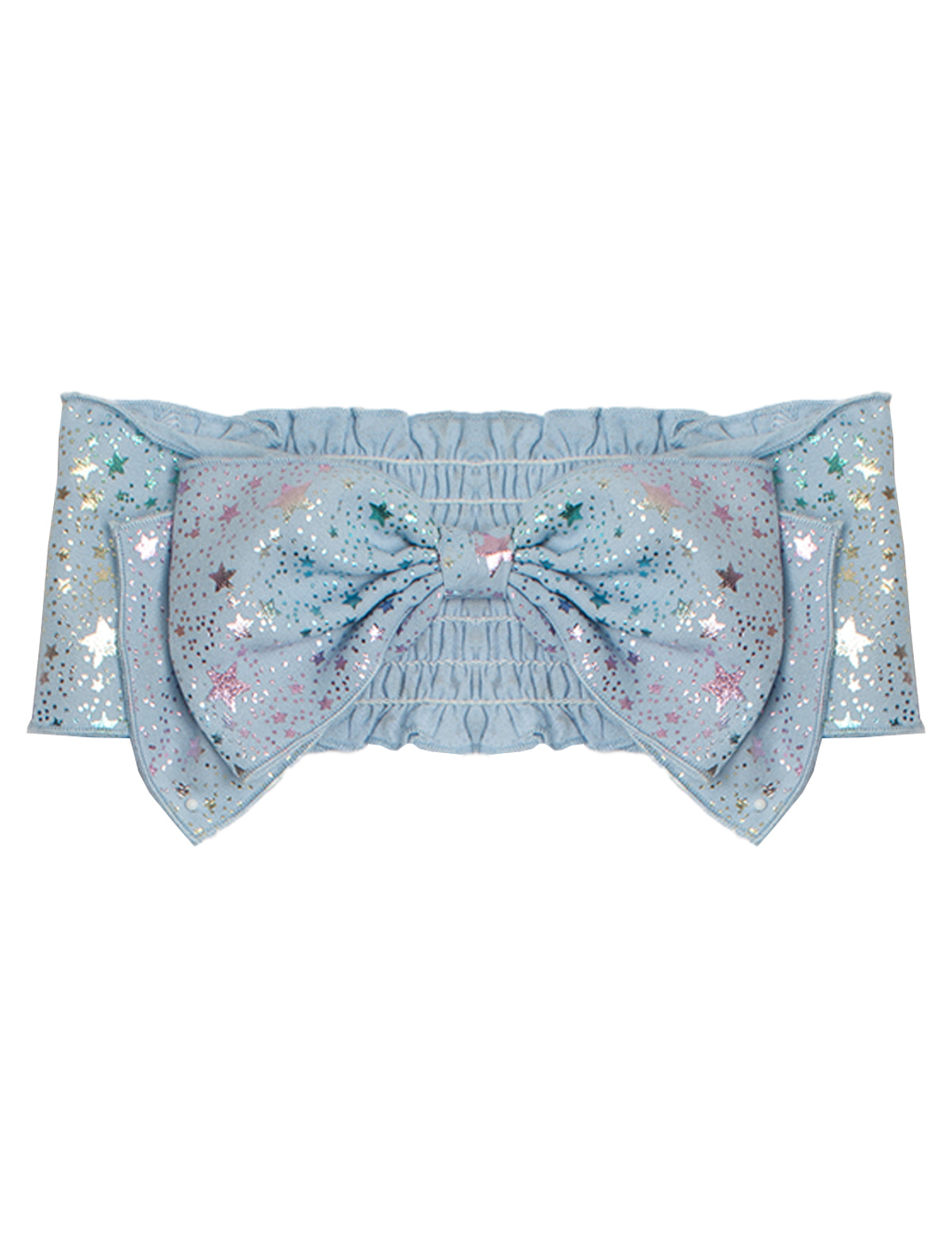 The Rockstar Headband by Mabel and Honey is a pastel blue, 100% cotton sash with a large bow, ruffled edges, and multicolored stars—an adorable baby hair accessory.