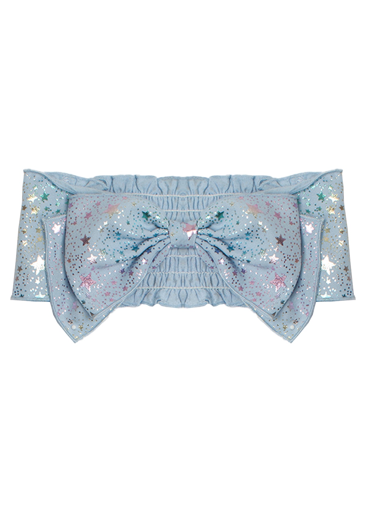 The Rockstar Headband by Mabel and Honey is a pastel blue, 100% cotton sash with a large bow, ruffled edges, and multicolored stars—an adorable baby hair accessory.