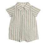 The Meadow Breeze Striped Baby Romper by Mabel and Honey is a cotton boys' one-piece with a collared neckline, vertical green and white stripes, and front buttons.