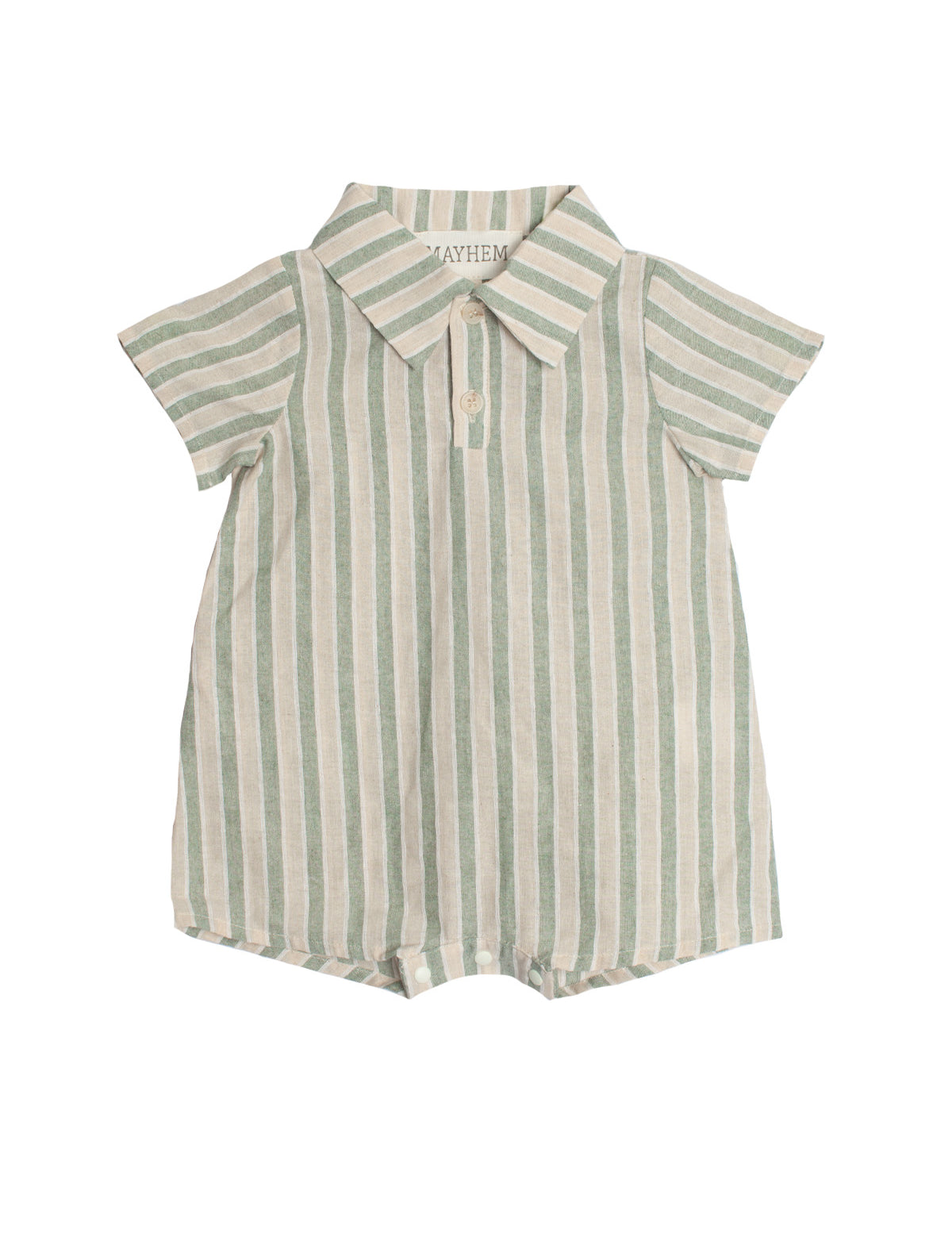 The Meadow Breeze Striped Baby Romper by Mabel and Honey is a cotton boys' one-piece with a collared neckline, vertical green and white stripes, and front buttons.