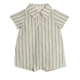 The Meadow Breeze Striped Baby Romper by Mabel and Honey is a cotton boys' one-piece with a collared neckline, vertical green and white stripes, and front buttons.