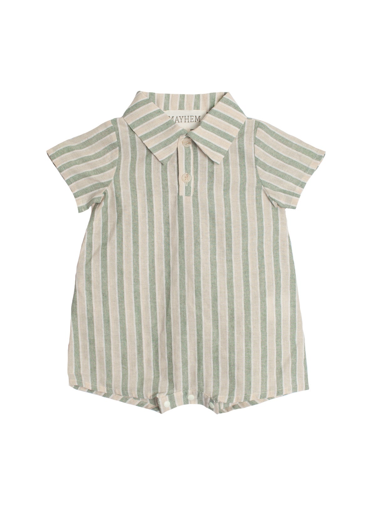 The Meadow Breeze Striped Baby Romper by Mabel and Honey is a cotton boys' one-piece with a collared neckline, vertical green and white stripes, and front buttons.