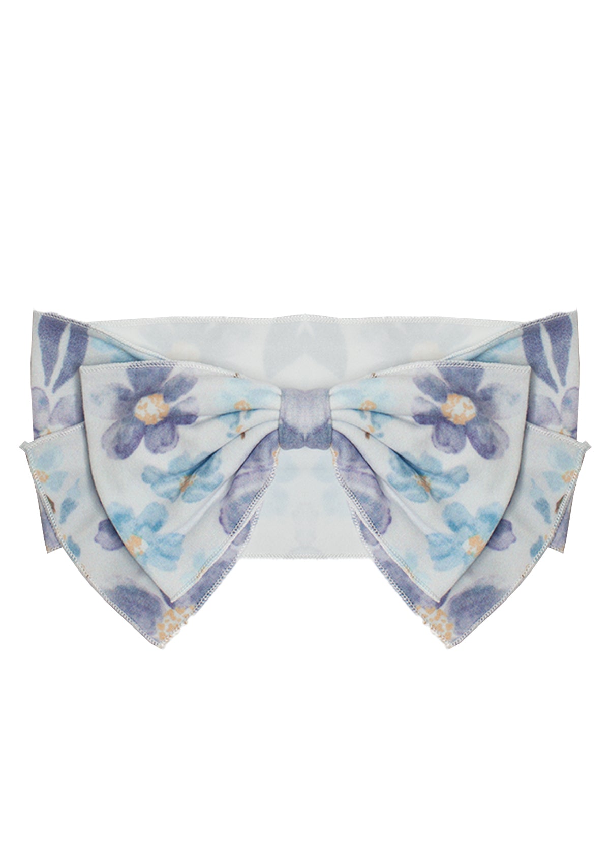 The Mabel and Honey Flower Farm Floral Headband features a soft blue and lavender floral pattern with yellow accents on a white background.