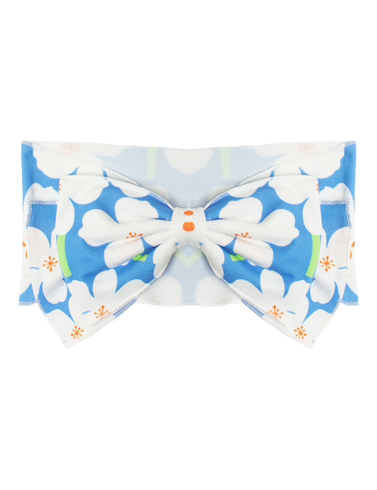 The Aloha Headband by Mabel and Honey is a 100% cotton fabric baby hair accessory with a large bow, showcasing a blue background and white floral pattern accented with orange and green.
