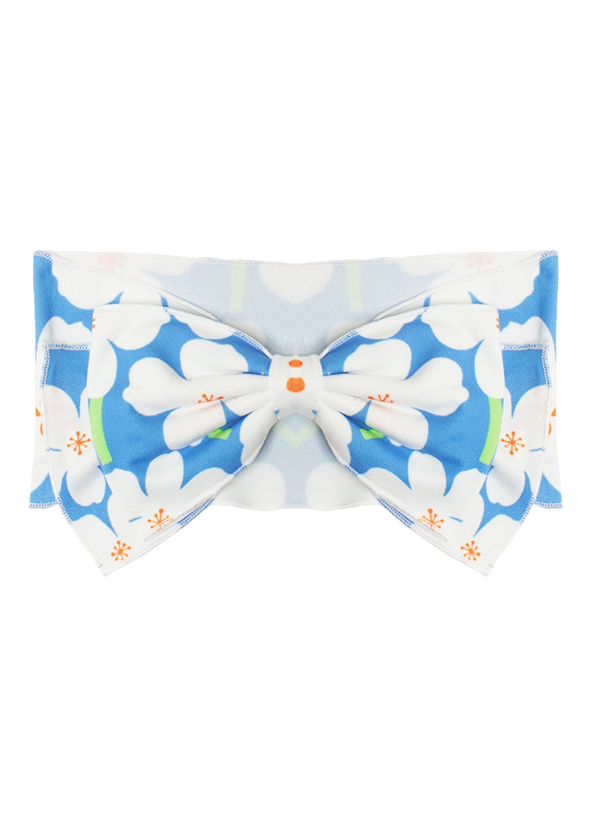 The Aloha Headband by Mabel and Honey is a 100% cotton fabric baby hair accessory with a large bow, showcasing a blue background and white floral pattern accented with orange and green.