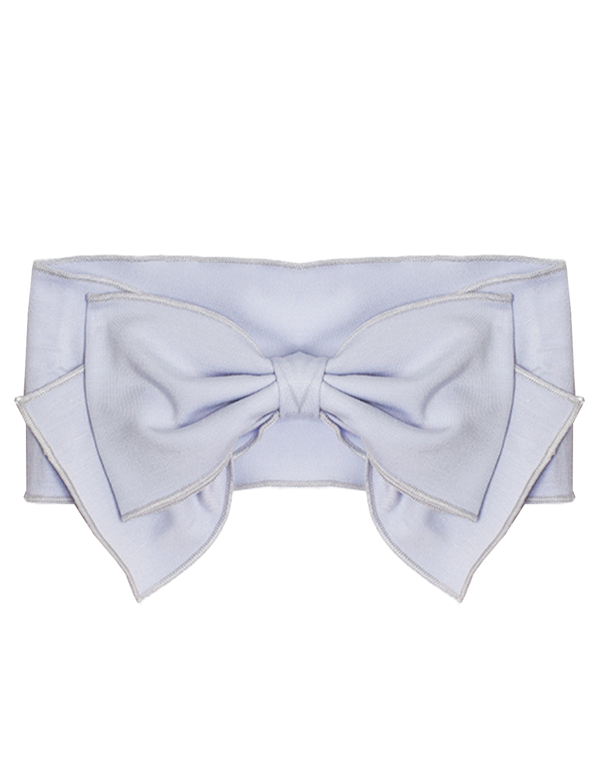 The Amelia Headband by Mabel and Honey is a wide, light blue fabric accessory with a large, layered-edge bow—ideal for babies. Shown from the front on a white background.