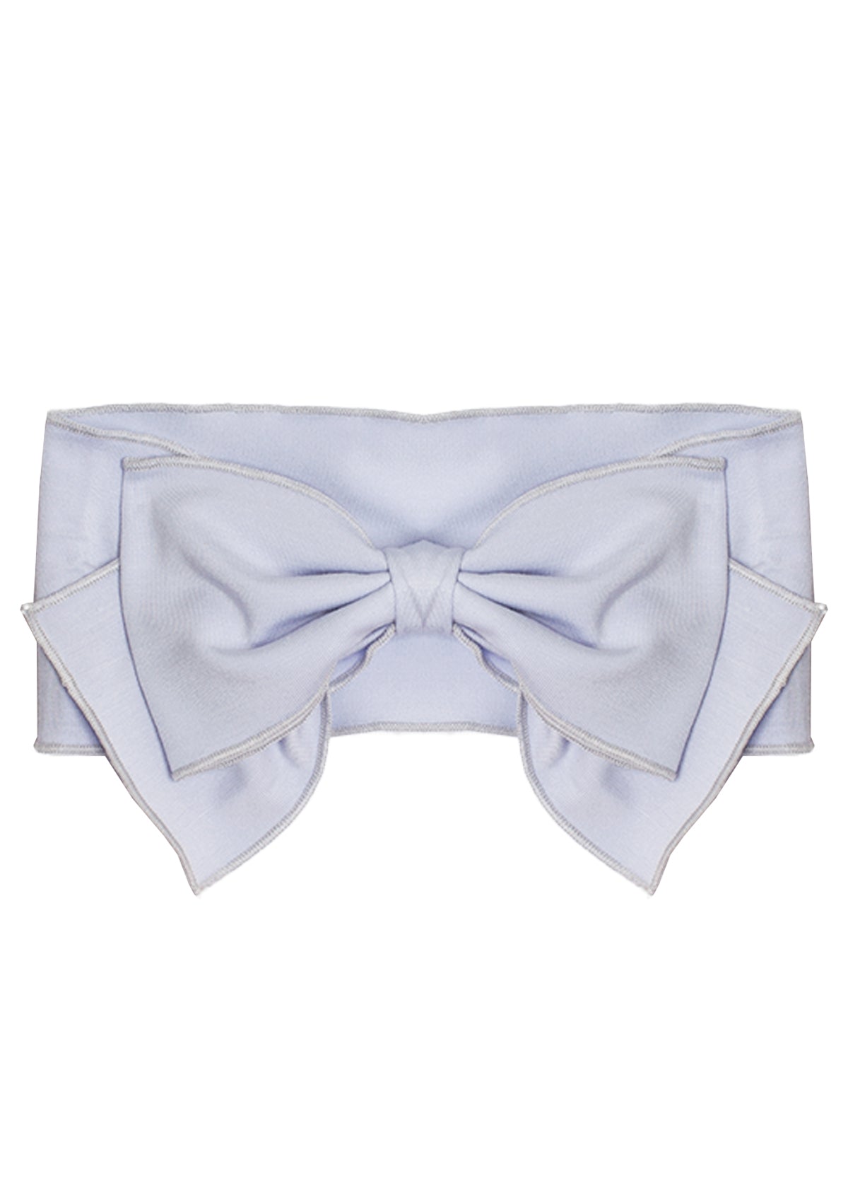 The Amelia Headband by Mabel and Honey is a wide, light blue fabric accessory with a large, layered-edge bow—ideal for babies. Shown from the front on a white background.