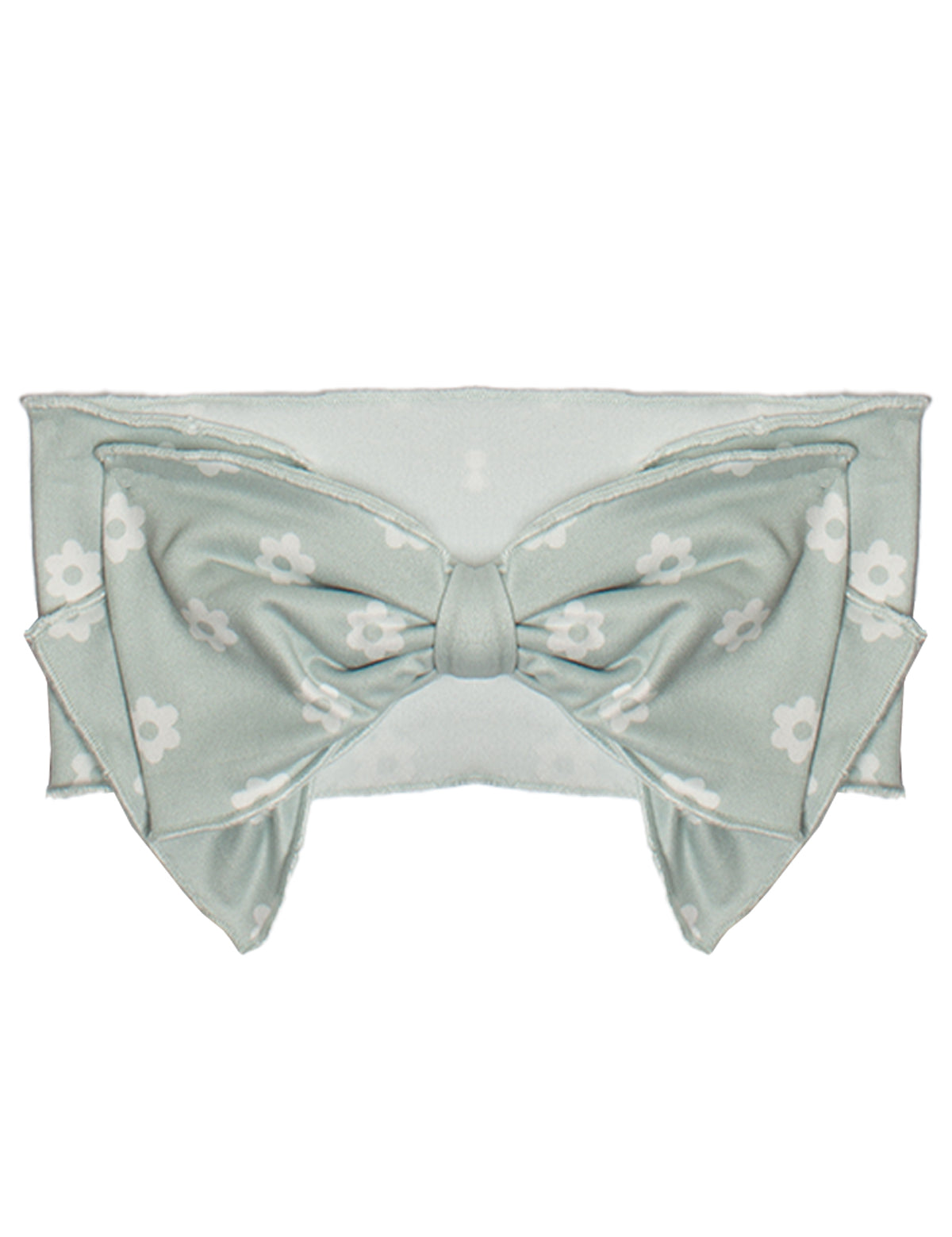 The Mint Julep Headband by Mabel and Honey is a pale green accessory with a large bow, featuring a white floral pattern and subtle heather print, shown against a plain white background.