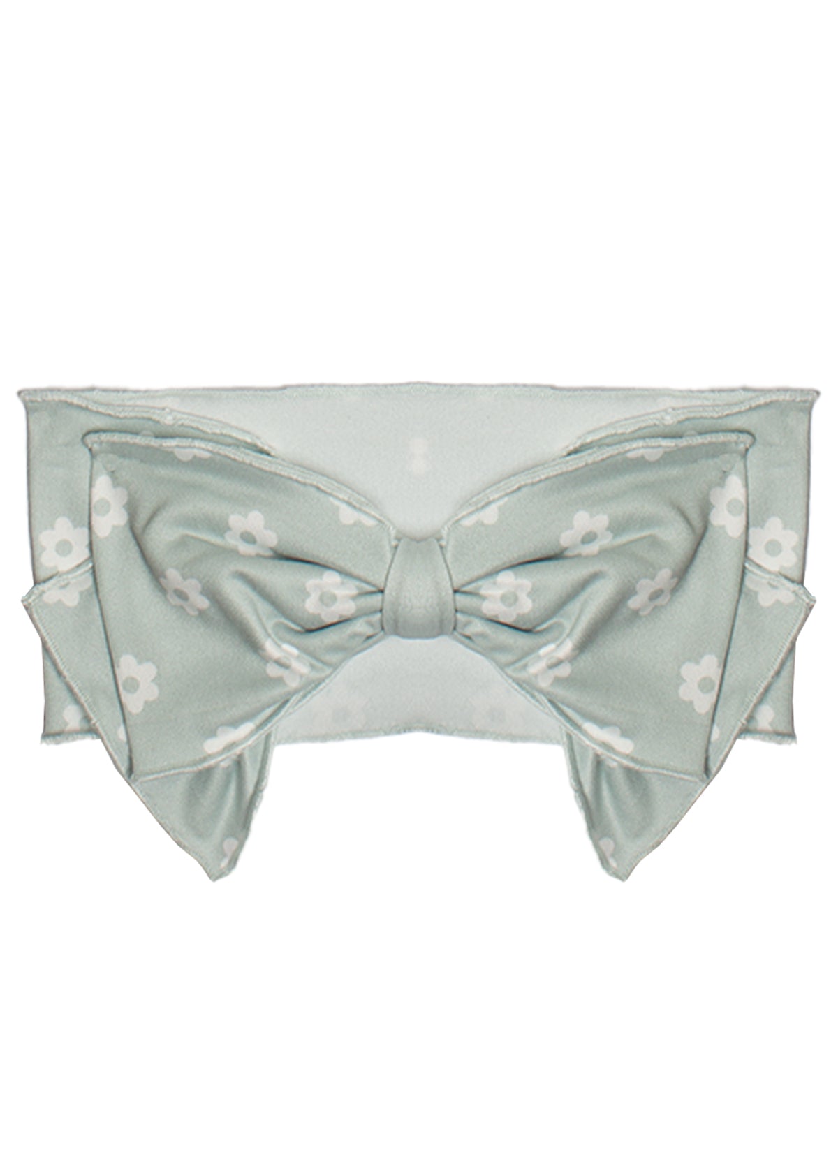 The Mint Julep Headband by Mabel and Honey is a pale green accessory with a large bow, featuring a white floral pattern and subtle heather print, shown against a plain white background.