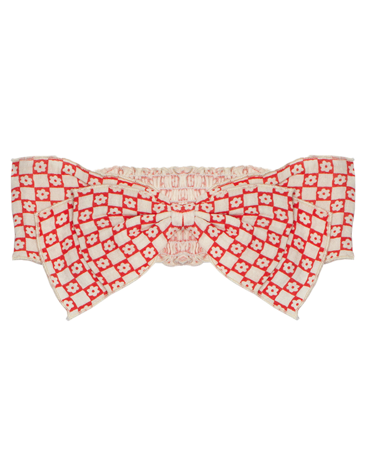 The Mabel and Honey Little Red Wagon Headband is a cute fabric headband with a big red-and-white checkered bow, small white flower details, and an elastic back—perfect for your baby.