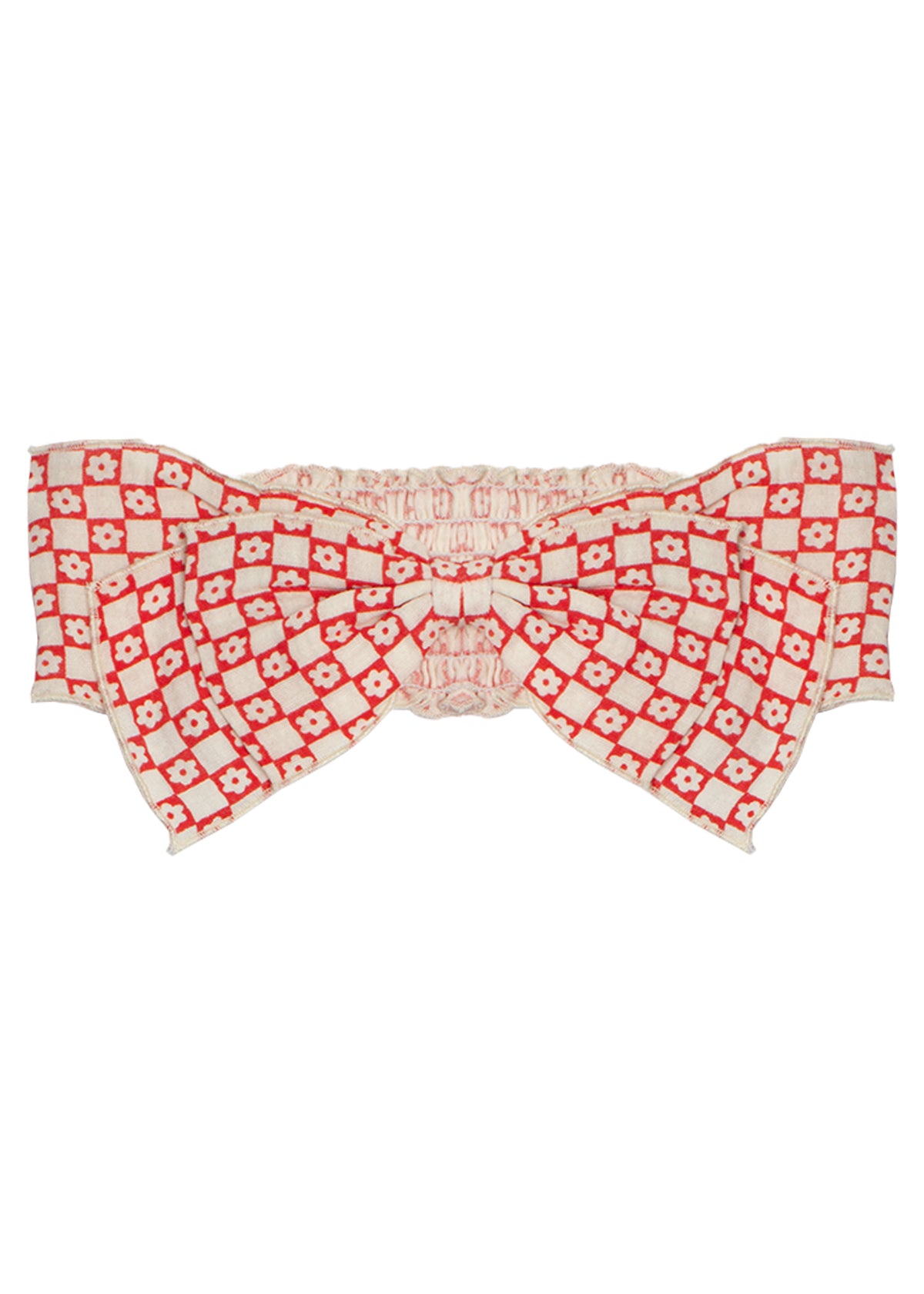 The Mabel and Honey Little Red Wagon Headband is a cute fabric headband with a big red-and-white checkered bow, small white flower details, and an elastic back—perfect for your baby.