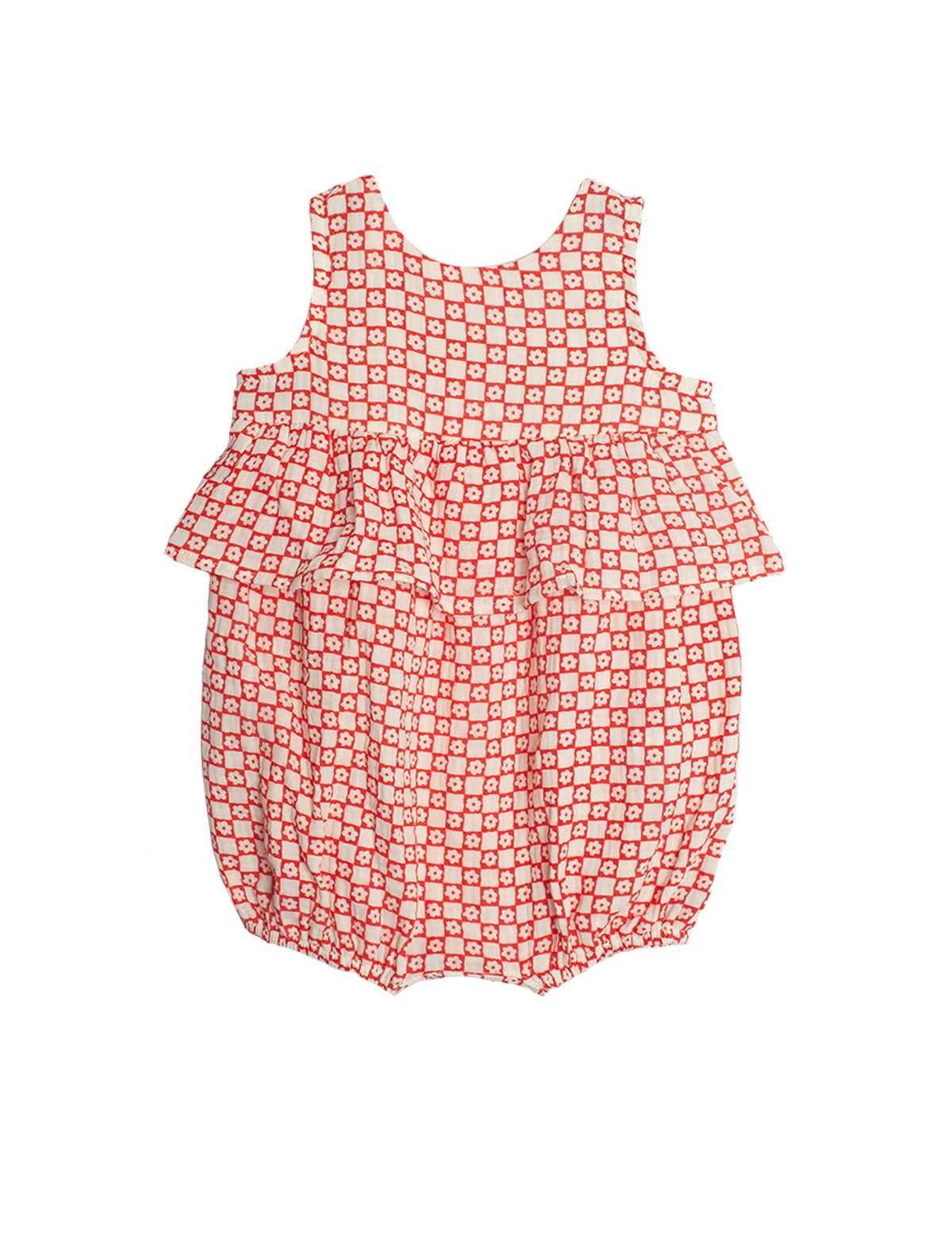 The Little Red Wagon Baby Romper by Mabel and Honey is a sleeveless cotton romper with a ruffle waist, white background, red and white geometric square pattern, and elasticated leg openings—perfect for style and comfort.