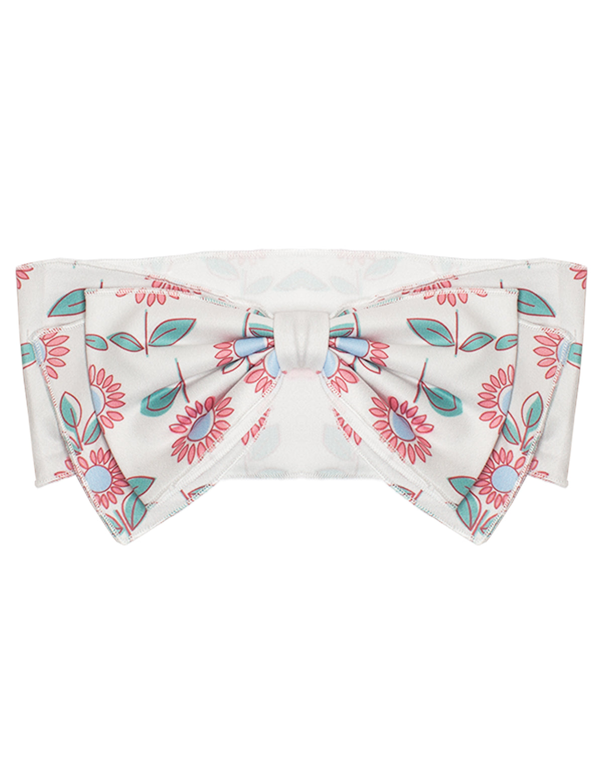 The Freshly Picked Headband by Mabel and Honey features a white cotton design with a large center bow, adorned with pink and teal floral prints and green leaves.