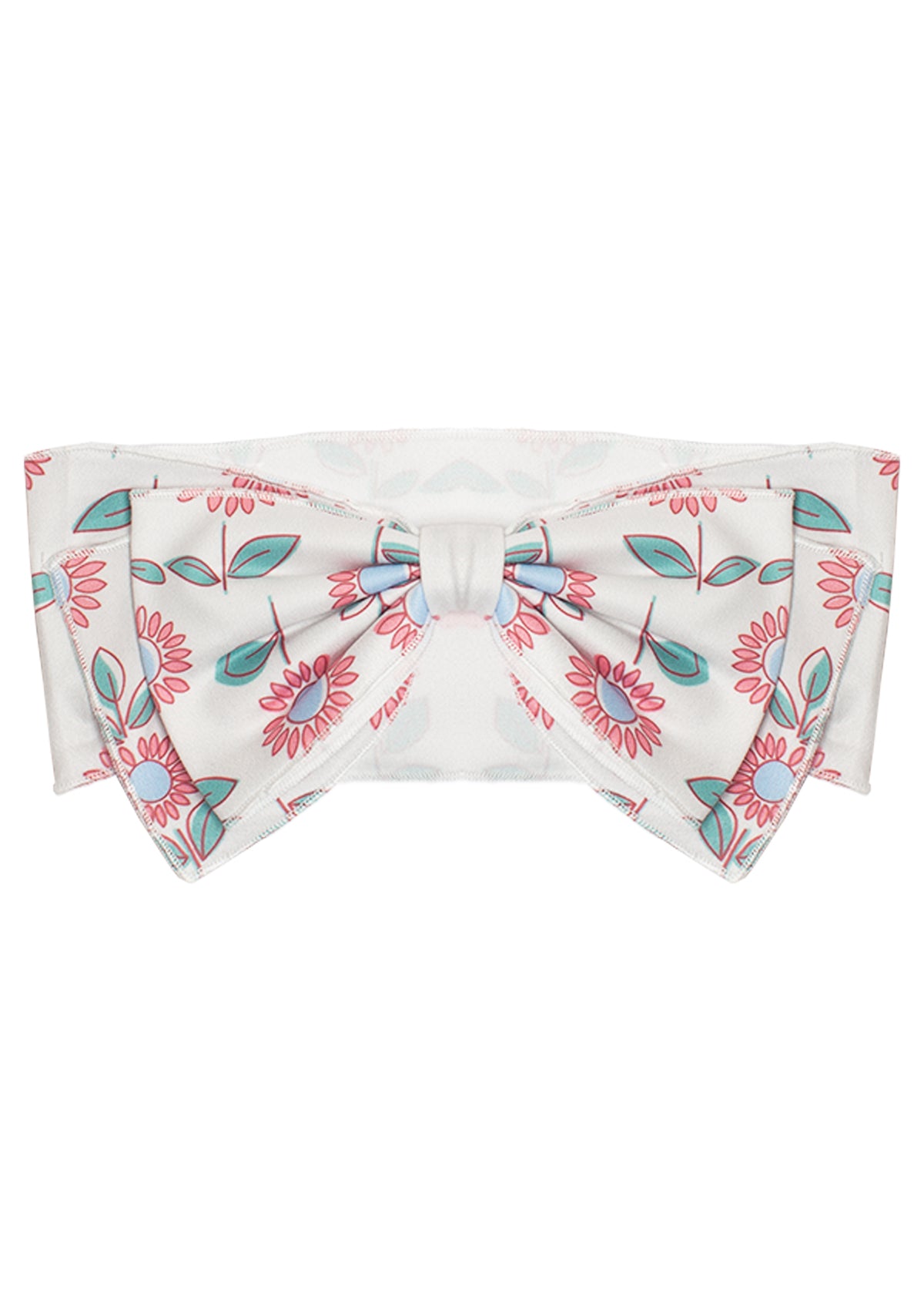 The Freshly Picked Headband by Mabel and Honey features a white cotton design with a large center bow, adorned with pink and teal floral prints and green leaves.