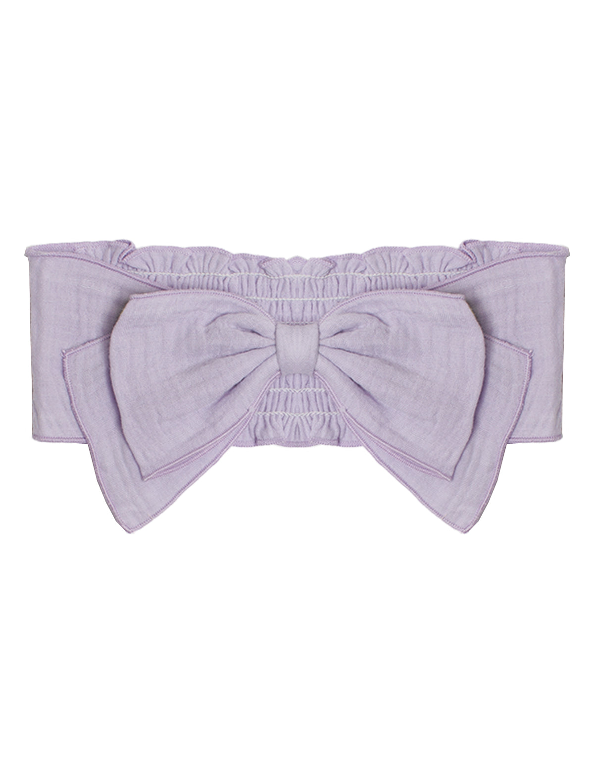 The Eloise Pink Headband by Mabel and Honey is a light purple, 100% cotton accessory featuring a large center bow and elastic ruching along the top and bottom edges.