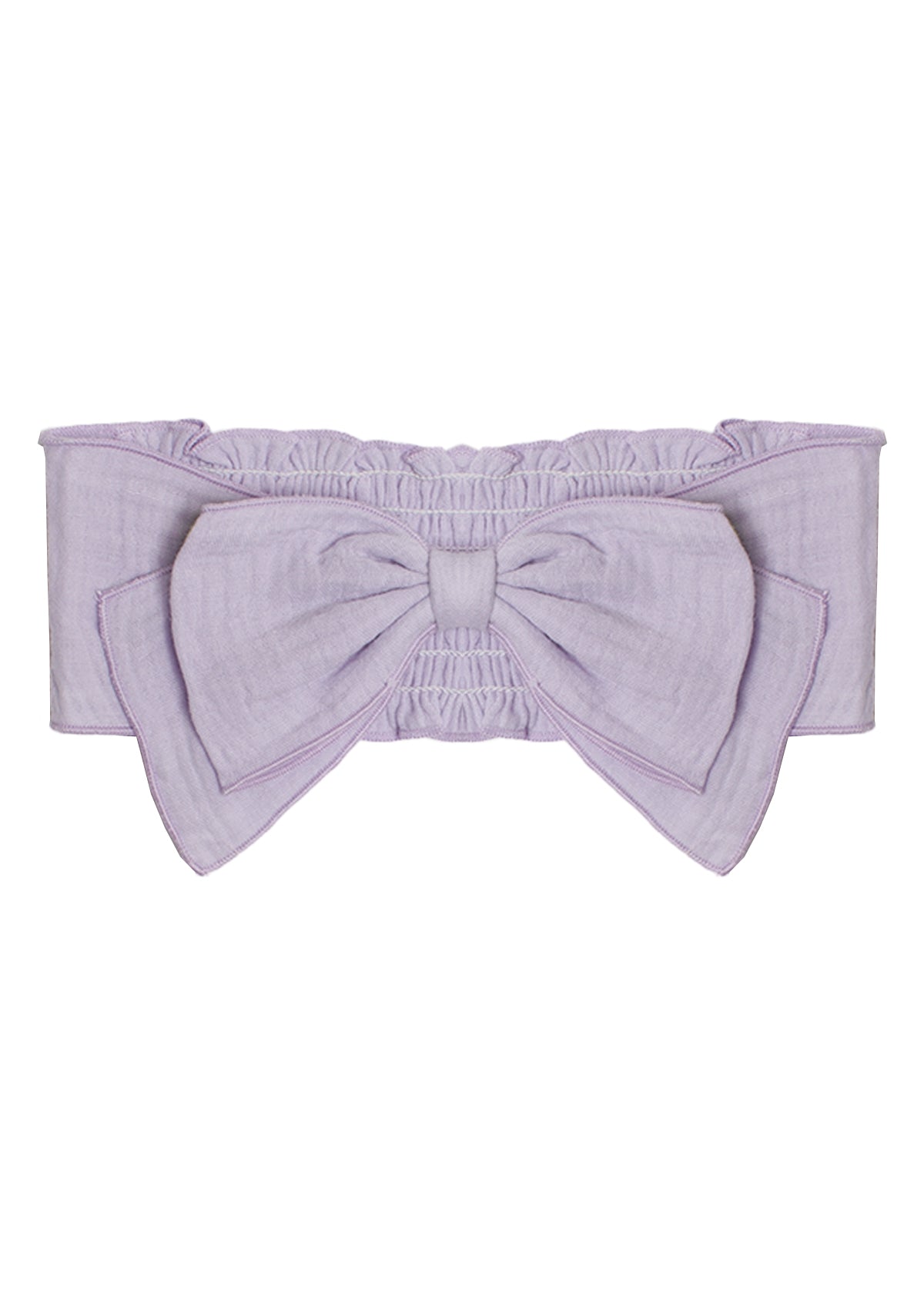 The Eloise Pink Headband by Mabel and Honey is a light purple, 100% cotton accessory featuring a large center bow and elastic ruching along the top and bottom edges.