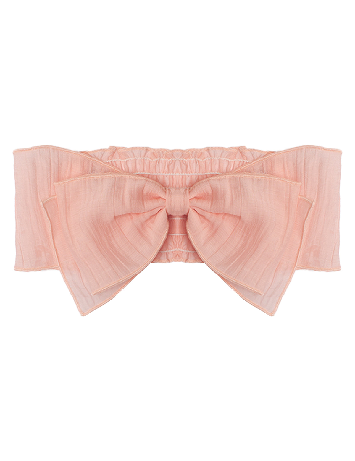 The Mabel and Honey Butterfly Kisses Pink Headband is a pale pink cotton bandeau-style top with a large central bow and ruffled elastic edges—ideal for pairing with your favorite cute baby accessory.
