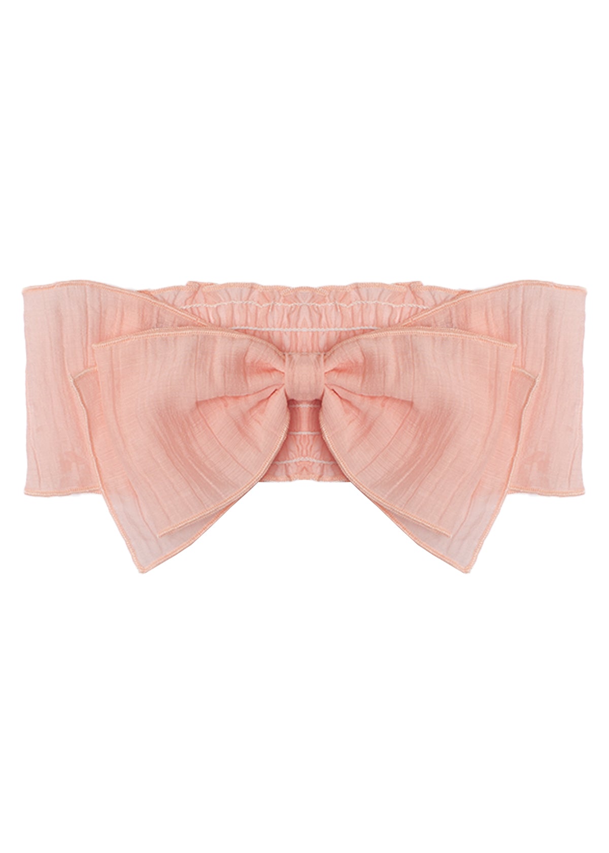 The Mabel and Honey Butterfly Kisses Pink Headband is a pale pink cotton bandeau-style top with a large central bow and ruffled elastic edges—ideal for pairing with your favorite cute baby accessory.
