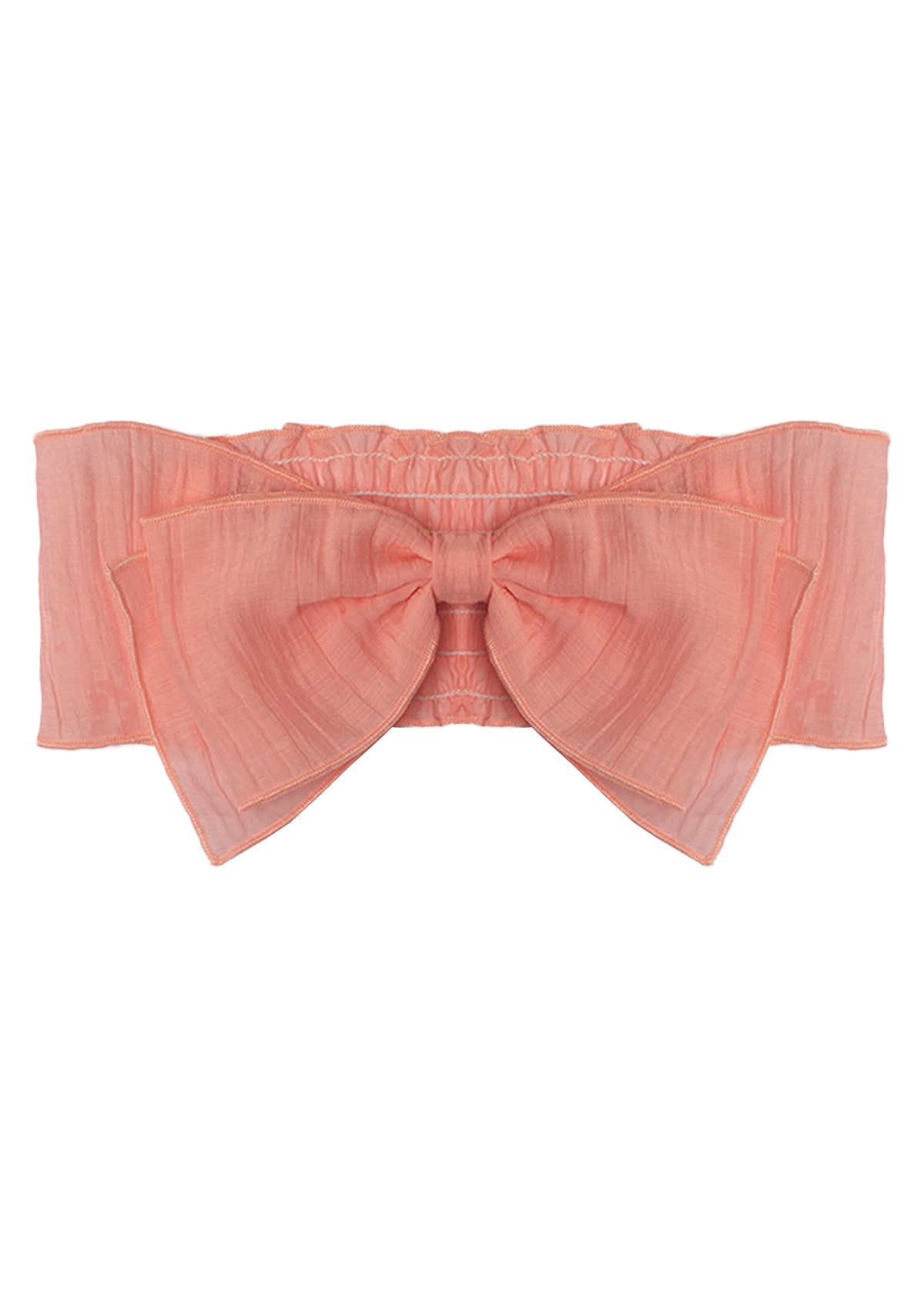 The Butterfly Kisses Headband by Mabel and Honey is a peach-toned, structured bow headband crafted from 100% cotton sheer, textured fabric.