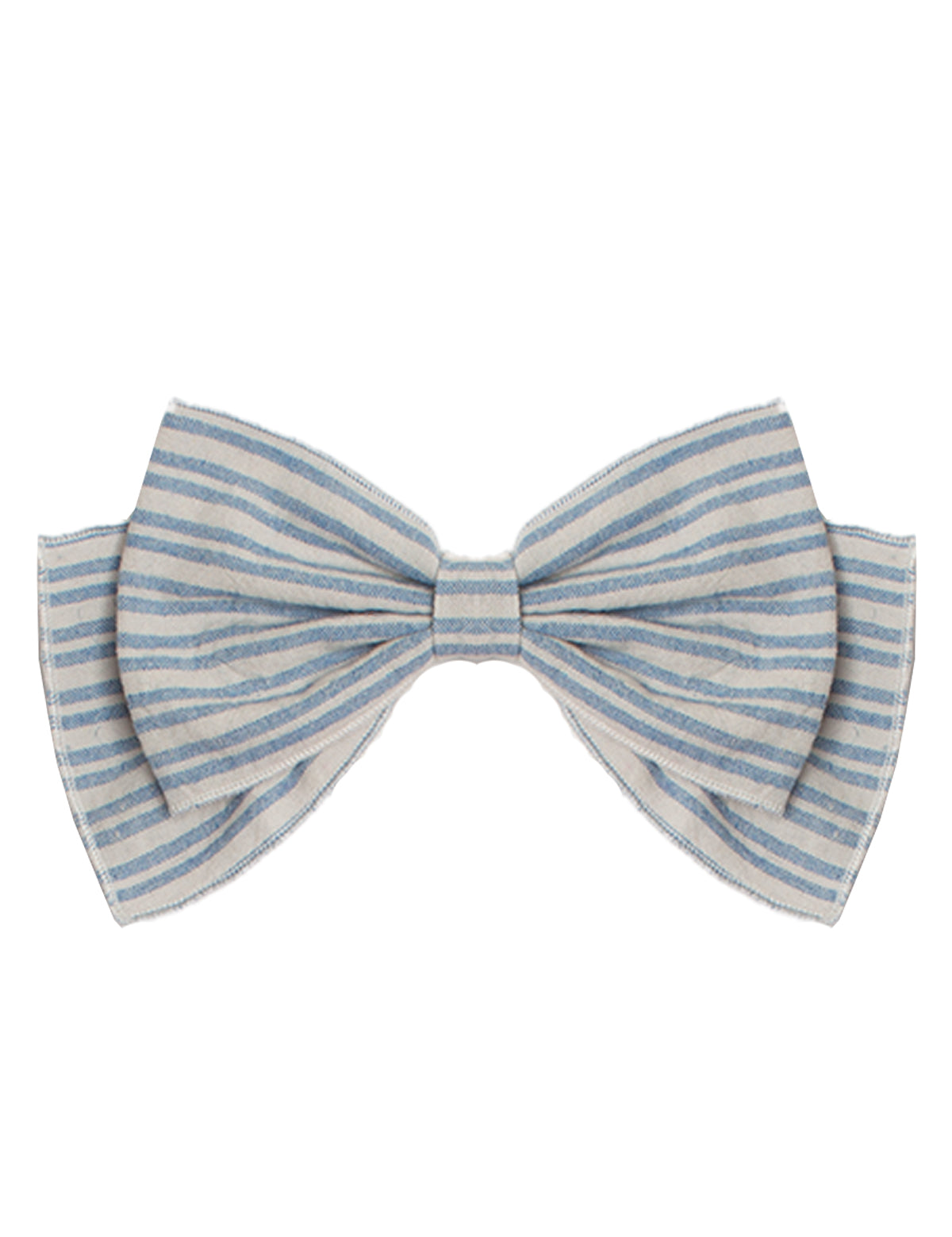 The Breezy Blue Skies Headband by Mabel and Honey features a neatly tied cotton bow with blue and white stripes, creating a charming baby hair accessory that stands out against a plain white background.