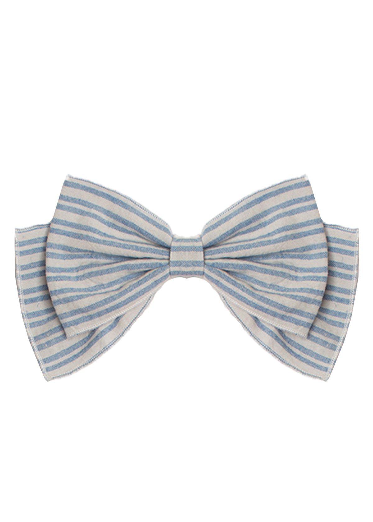 The Breezy Blue Skies Headband by Mabel and Honey features a neatly tied cotton bow with blue and white stripes, creating a charming baby hair accessory that stands out against a plain white background.