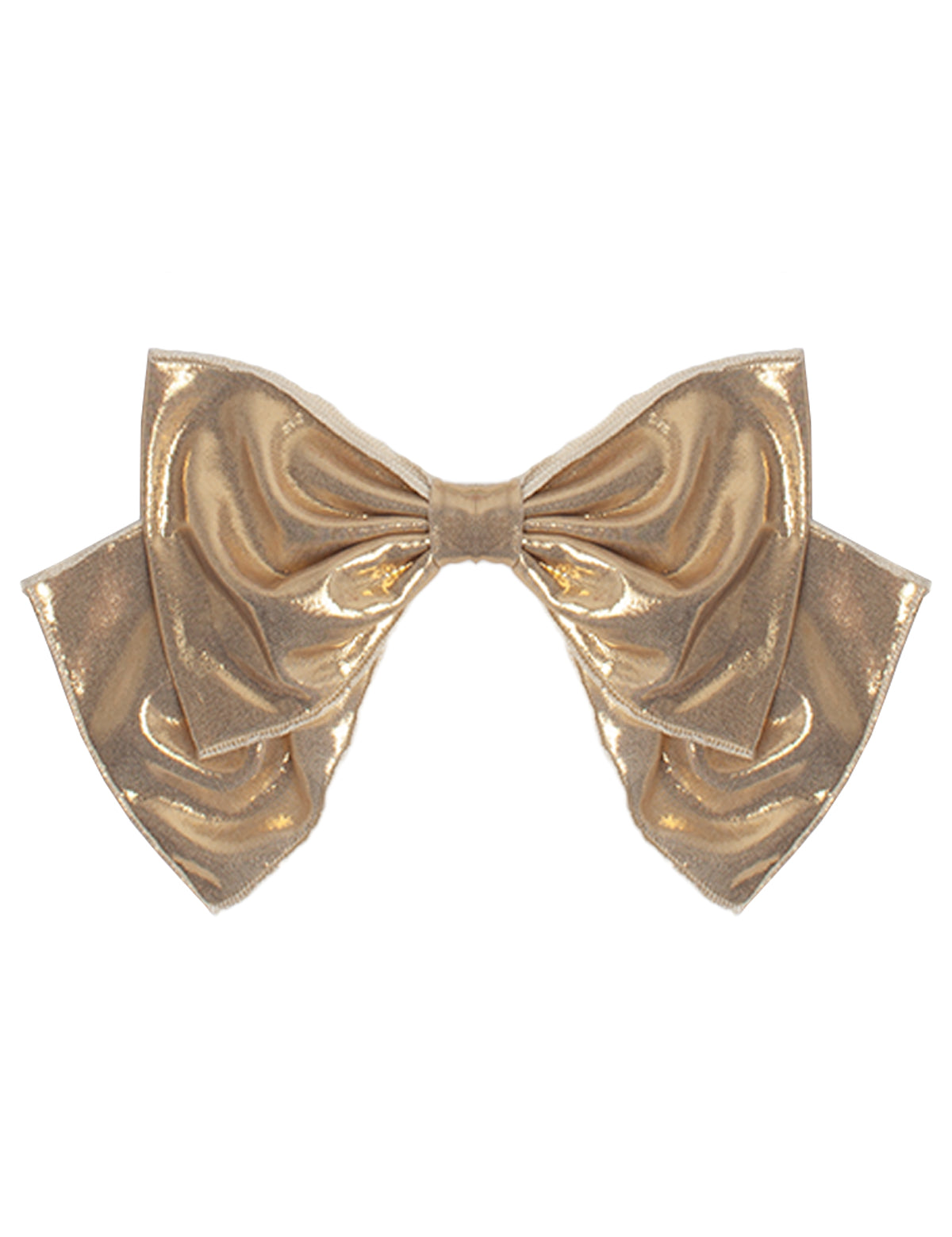 The Shine Bright Headband by Mabel and Honey features a metallic gold bow with wide loops and tails, making it a perfect baby hair accessory, displayed against a white background.