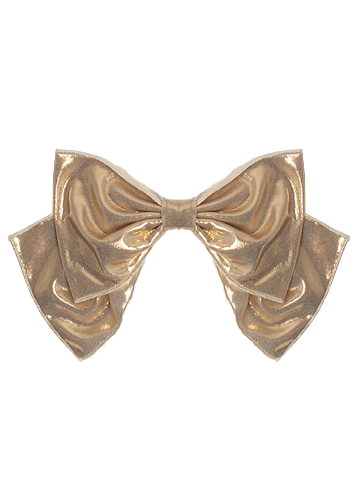 The Shine Bright Headband by Mabel and Honey features a metallic gold bow with wide loops and tails, making it a perfect baby hair accessory, displayed against a white background.