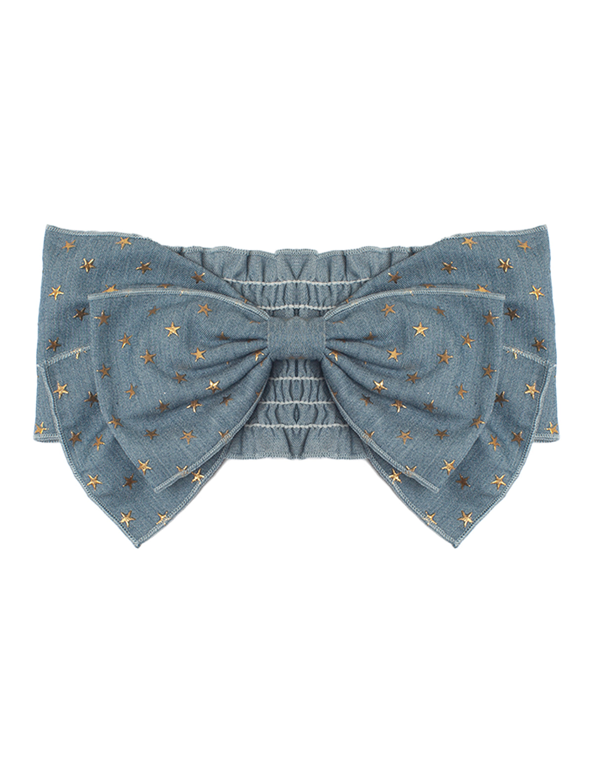 The Skylar Headband by Mabel and Honey is a large blue denim baby accessory with gold and silver embroidered stars on 100% cotton, featuring wide structured loops and a central knot for an elegant touch.
