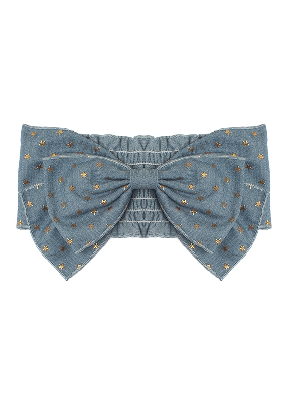 The Skylar Headband by Mabel and Honey is a large blue denim baby accessory with gold and silver embroidered stars on 100% cotton, featuring wide structured loops and a central knot for an elegant touch.