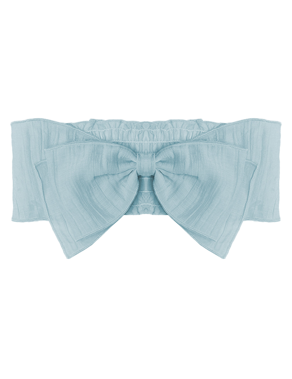 The Butterfly Kisses Blue Headband by Mabel and Honey is a light blue cotton accessory featuring a large decorative bow, subtle texture, and ruched details at the back—perfect for adding stylish charm to any baby's outfit.