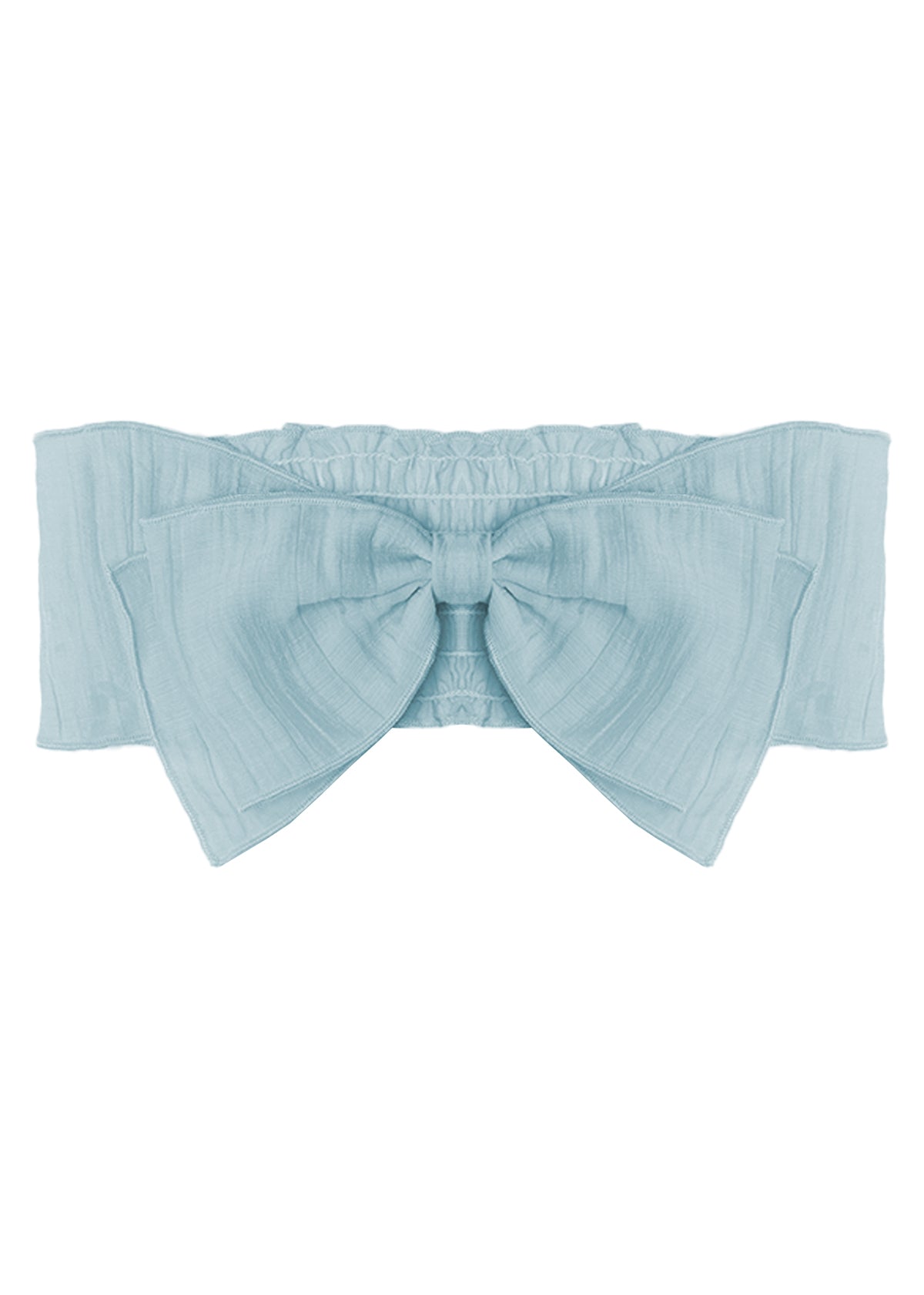 The Butterfly Kisses Blue Headband by Mabel and Honey is a light blue cotton accessory featuring a large decorative bow, subtle texture, and ruched details at the back—perfect for adding stylish charm to any baby's outfit.