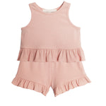 The Pink Petals Two Piece Short Short Set by Mabel and Honey features a light pink sleeveless top with ruffled accents and matching shorts—a sweet summer alternative to a traditional romper for toddlers.