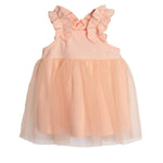 The Creamsicle Sleeveless Dress by Isobella and Chloe features ruffled straps, a textured bodice, and a flared soft tulle skirt—perfect as a special birthday dress for your little one.