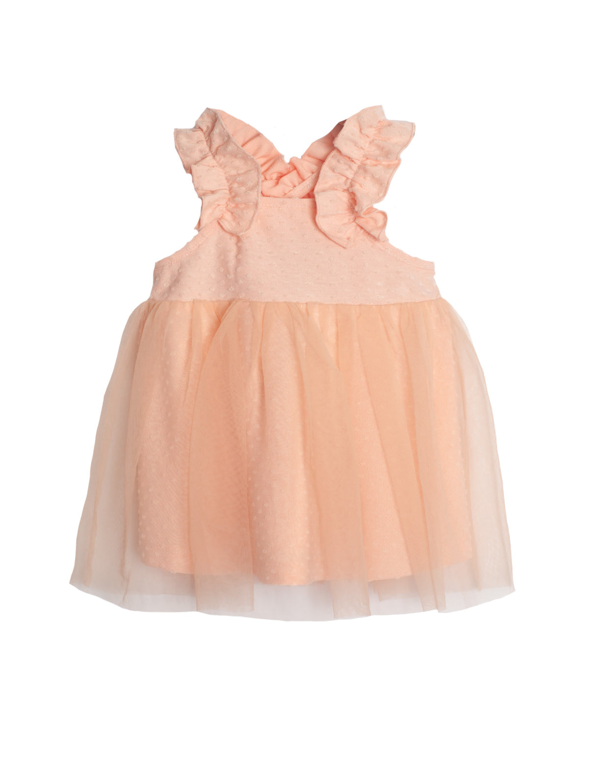 The Creamsicle Sleeveless Dress by Isobella and Chloe features ruffled straps, a textured bodice, and a flared soft tulle skirt—perfect as a special birthday dress for your little one.
