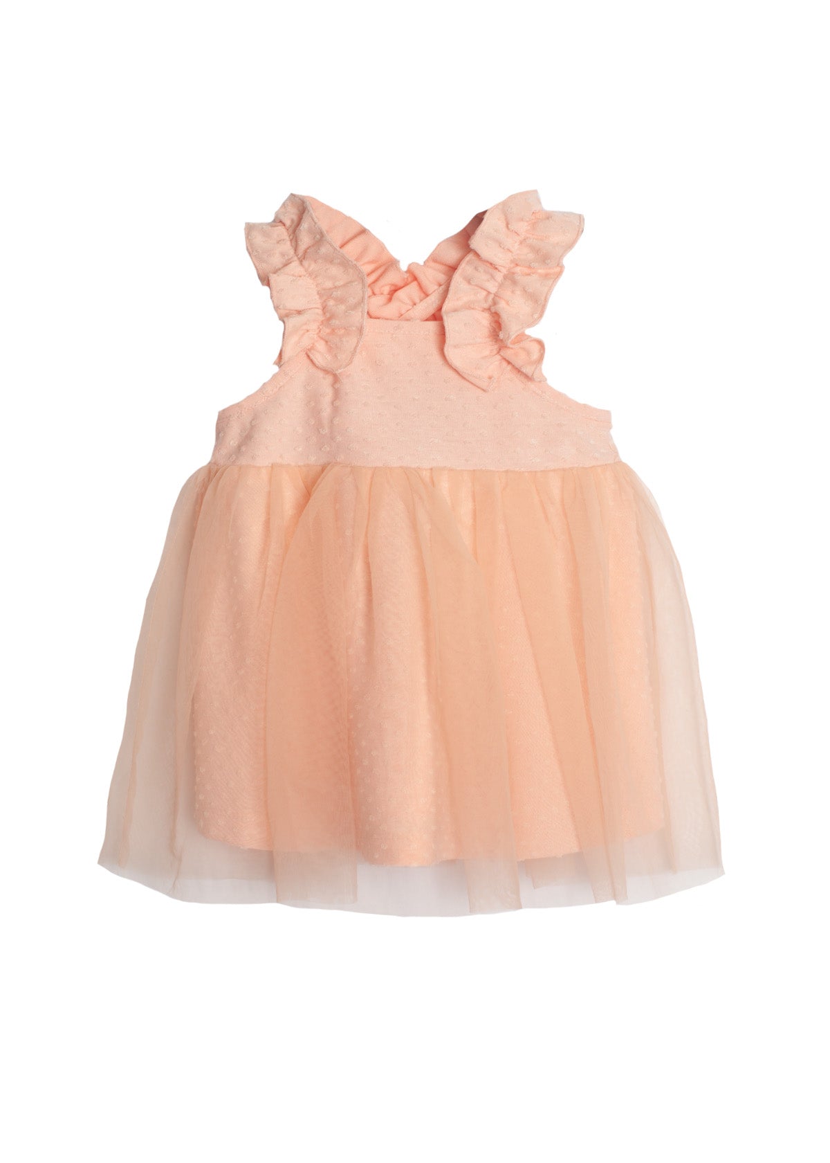 The Creamsicle Sleeveless Dress by Isobella and Chloe features ruffled straps, a textured bodice, and a flared soft tulle skirt—perfect as a special birthday dress for your little one.