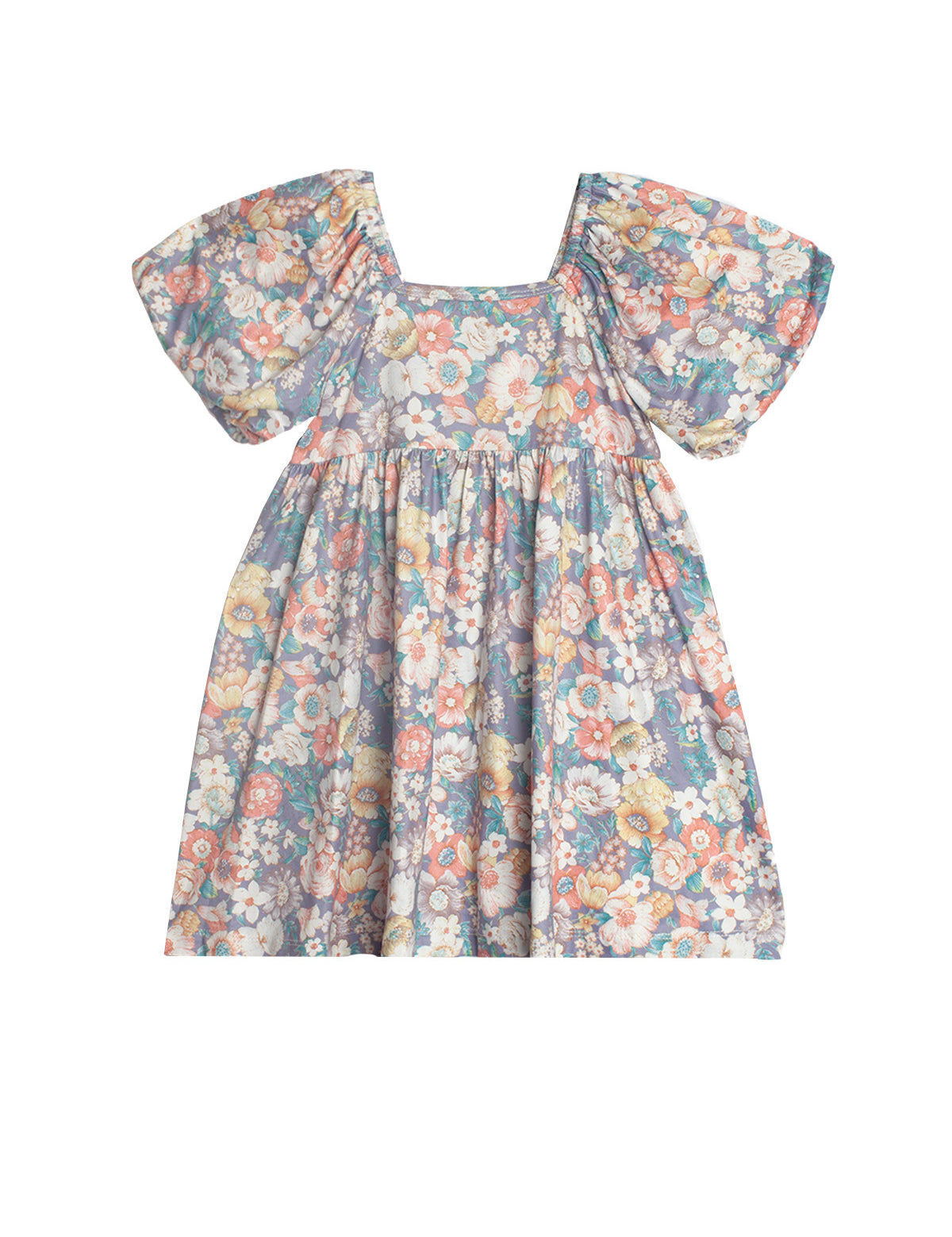 The Flower Mae Floral Dress by Mabel and Honey is a knee-length girl's dress with puff sleeves, a square neckline, and a vintage-inspired floral print on a light background—perfect for young girls.