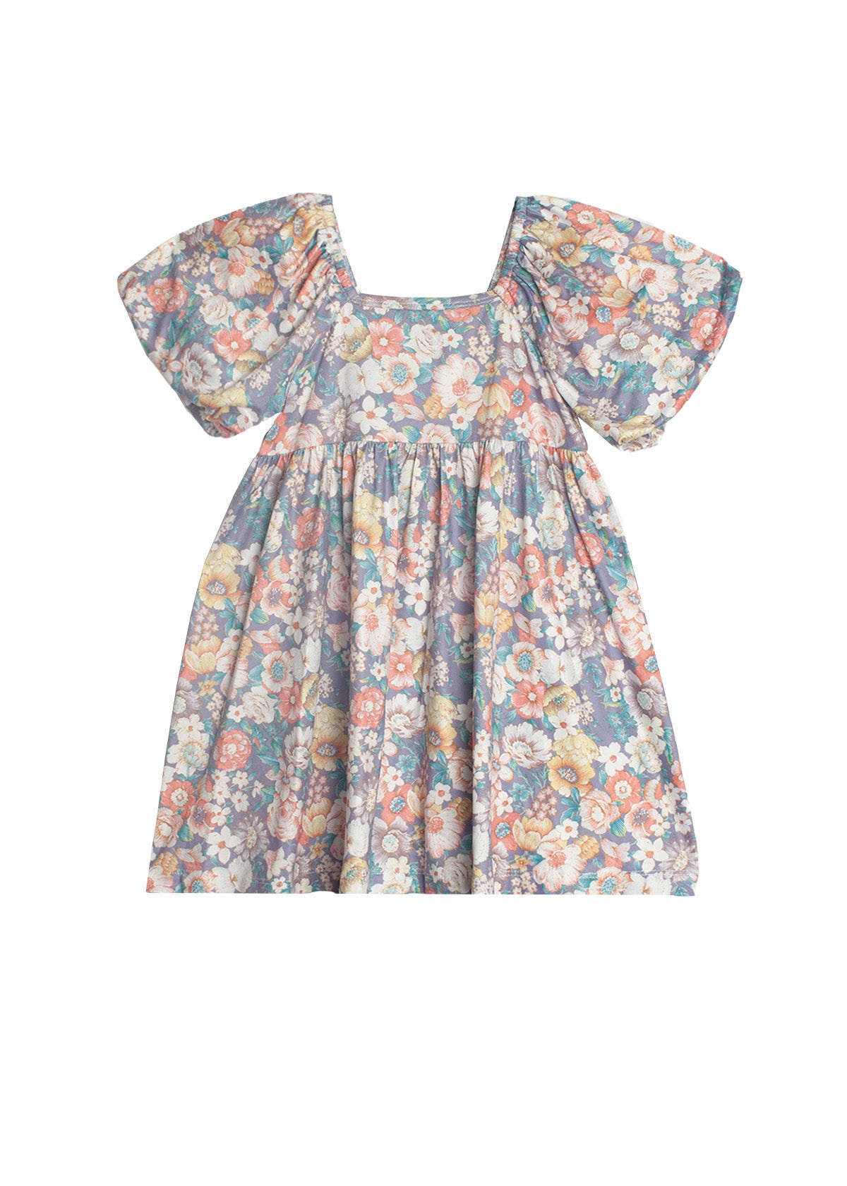 The Flower Mae Floral Dress by Mabel and Honey is a knee-length girl's dress with puff sleeves, a square neckline, and a vintage-inspired floral print on a light background—perfect for young girls.