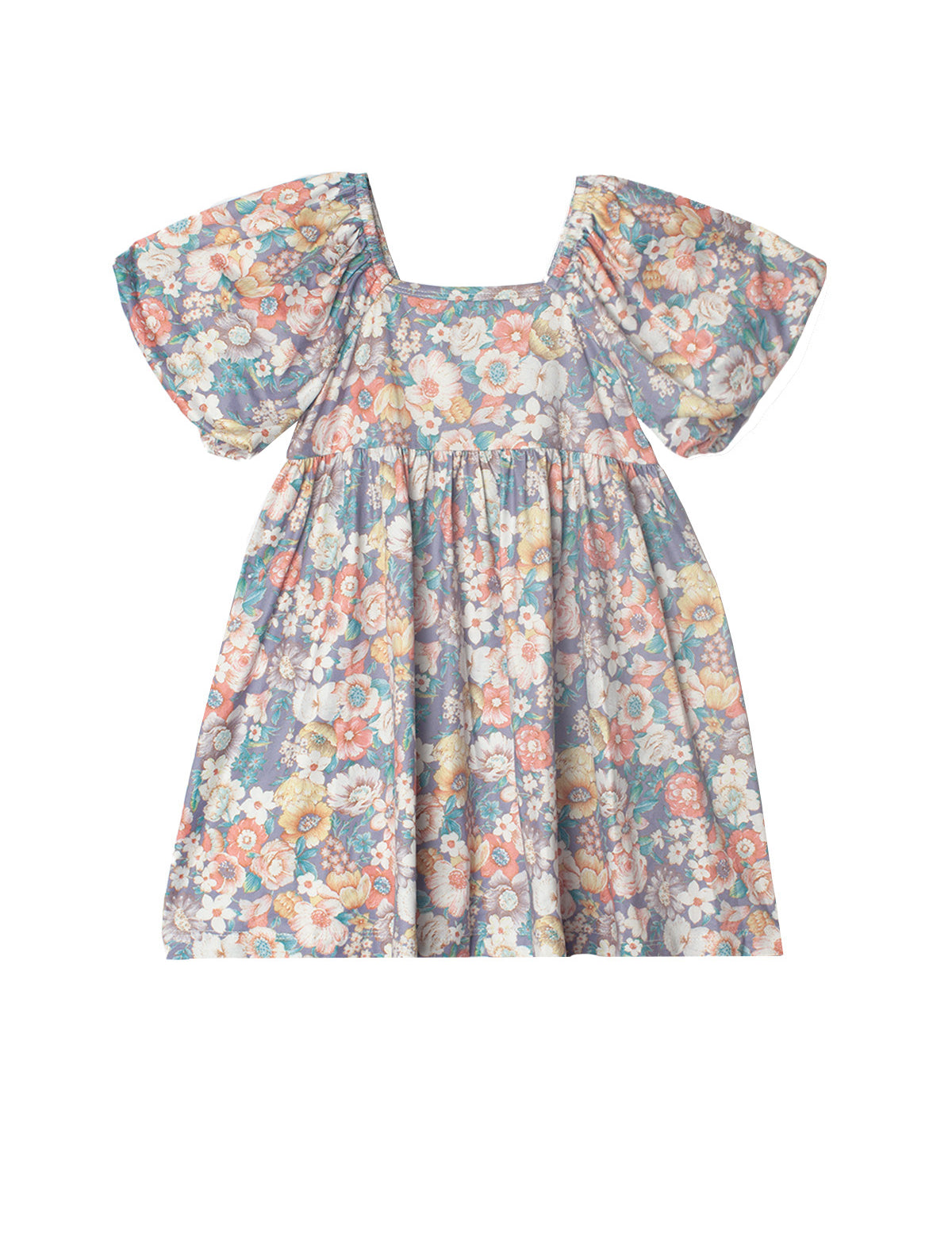The Flower Mae Floral Dress by Mabel and Honey is a vintage-inspired girl’s dress with puffed short sleeves, a gathered skirt, and a colorful floral print on a blue background.
